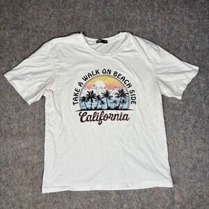 Romwe Graphic T-Shirt Mens Medium White California Beach Side Tee
